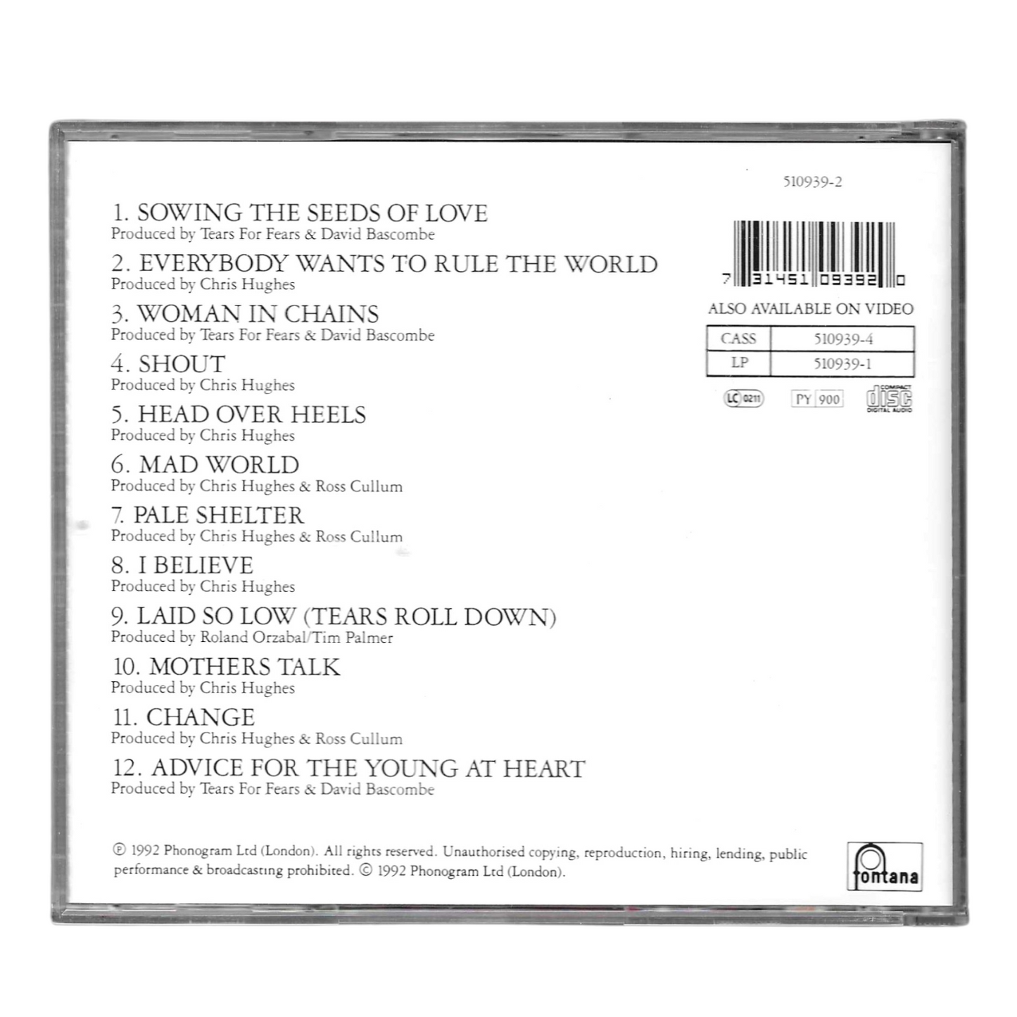 Tears for Fears - Tears Roll Down - Greatest Hits 82-92 - CD Album Pop Rock - Ottime Condizioni- TR0102