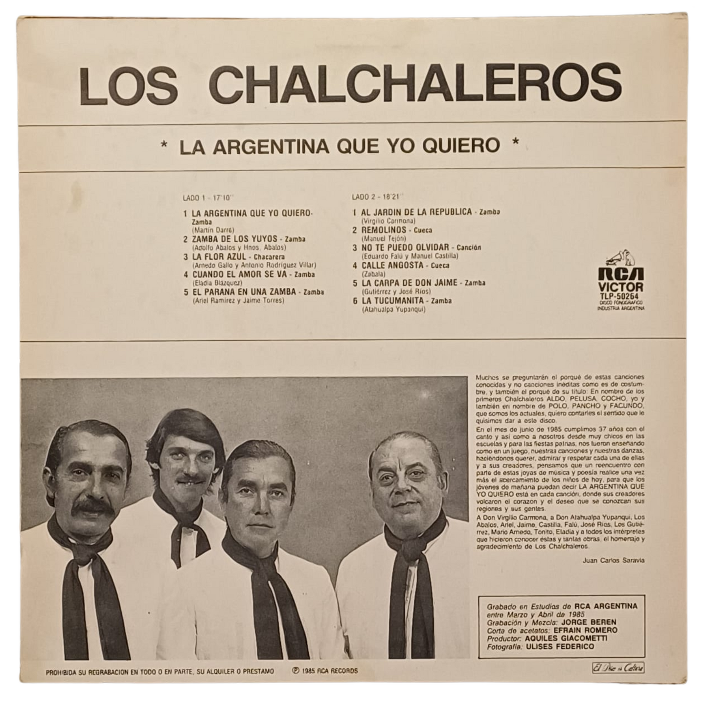Los Chalchaleros – La Argentina Que Yo Quiero | LP 1985 RCA | VG+ TRV0137