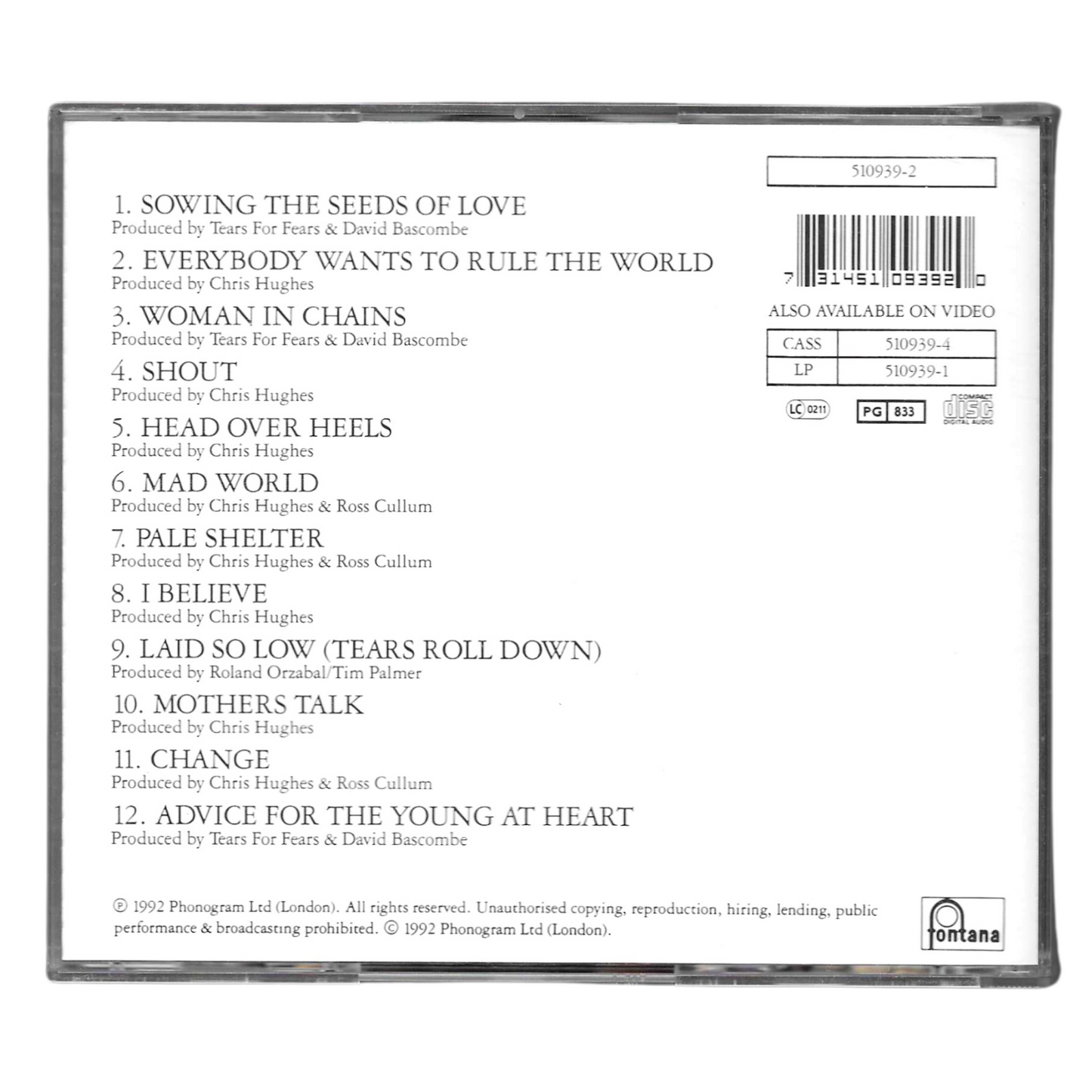 Tears for Fears - Tears Roll Down: Greatest Hits 82-92 | CD Compilation 1992 | Rock, Pop | Come Nuovo TR0039