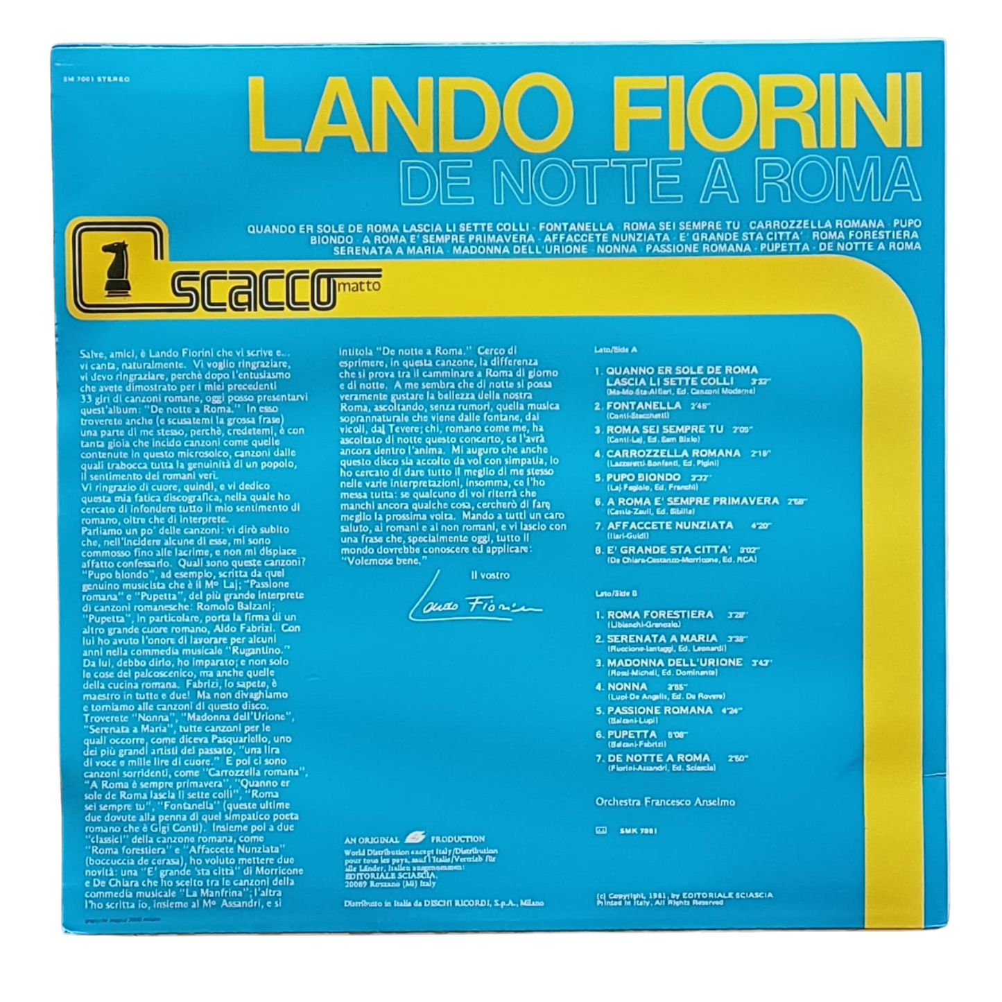 Lando Fiorini – De Notte A Roma|VINILE 33 Giri Scacco Matto–SM 7001| COME NUOVO (NM)TRV0047