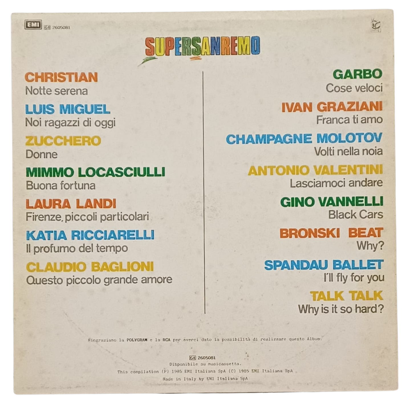Various – Supersanremo 1985 | LP Compilation EMI – 64 2605081 | VG+ TRV0144
